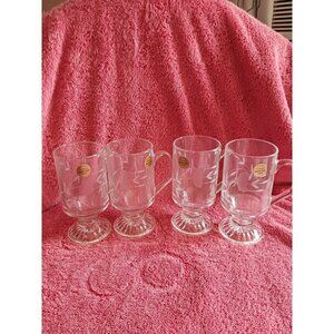 Princess House Etched Glass Mugs With Handles 6"Tall Floral design Set Of 4
